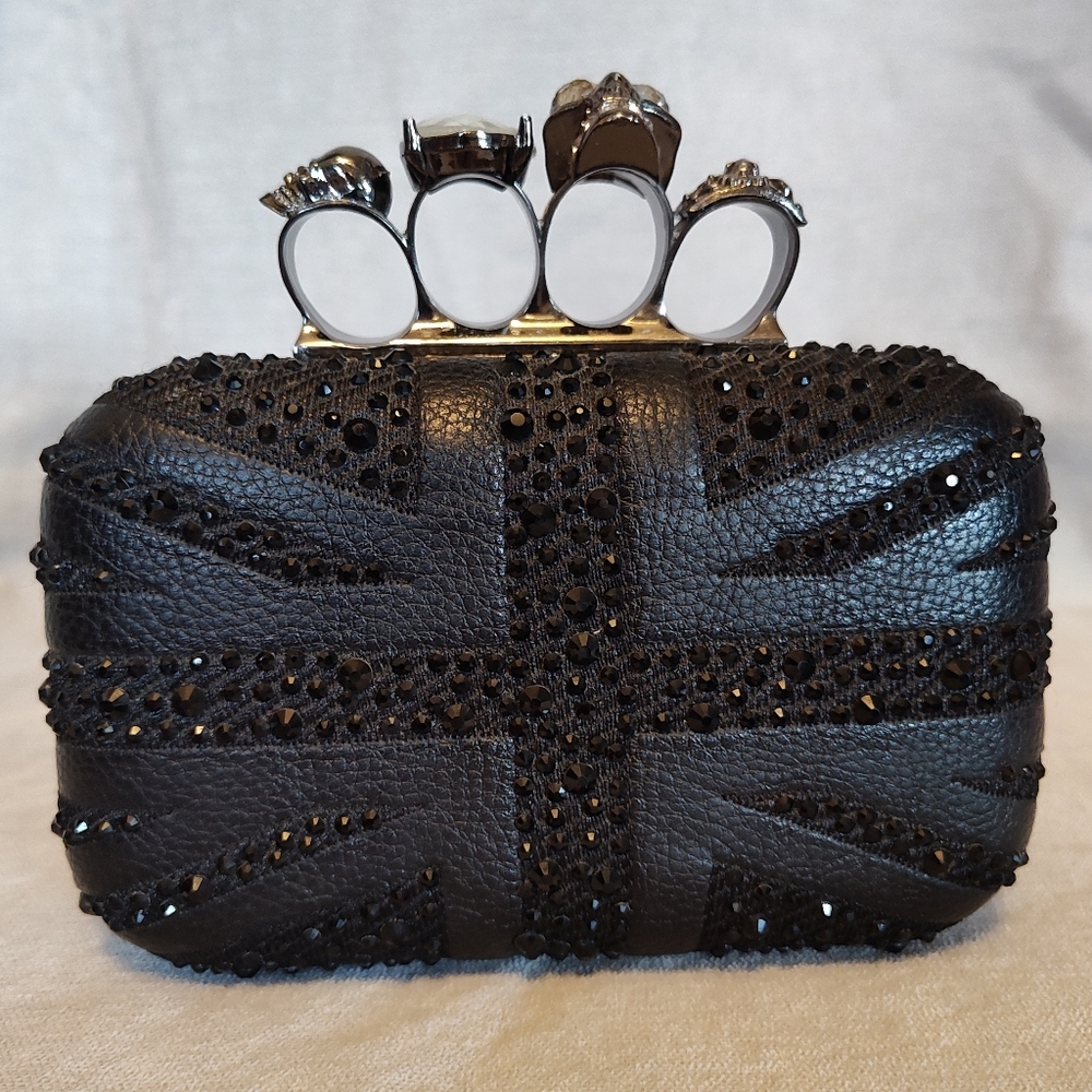 Clutch purse skulls brass knuckles black leather rhinestone British flag